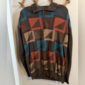 Vintage grandpa sweater geometric design quarter zip chocolate brown cotton L